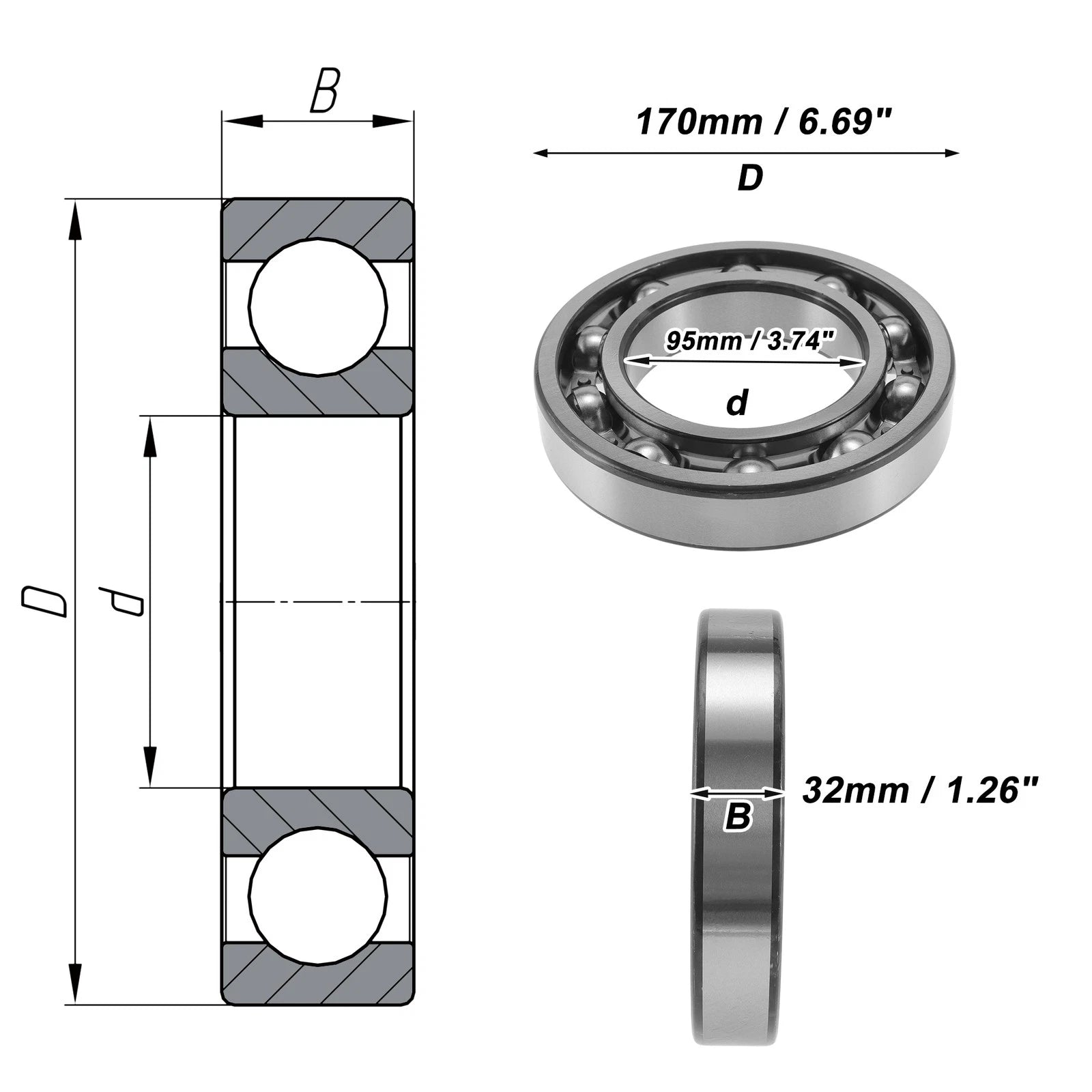 Deep Groove Ball Bearing 6219 for Scooter Skateboard Wheel (95x170x32mm)