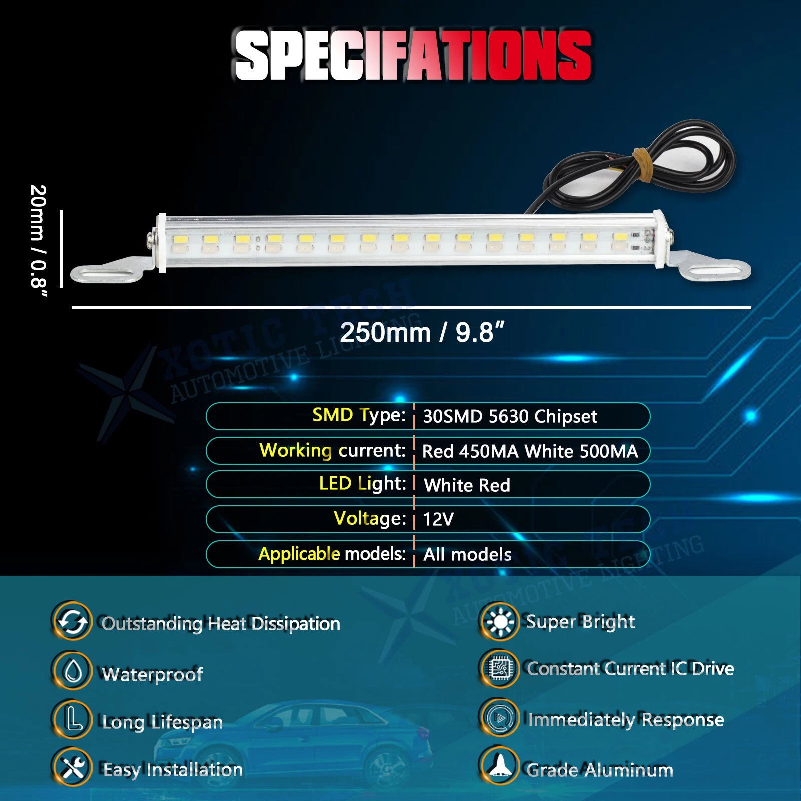 White Red Bolt-On LED License Plate Backup Reverse Brake Light Bar for Car (30-SMD) (2024-2025)