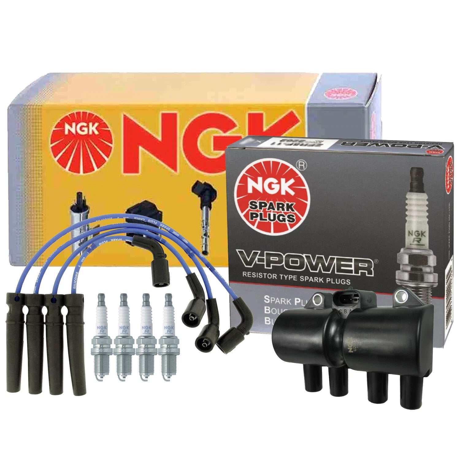 NGK DIS Ignition Coil Wires & 4 V-Power Spark Plugs for Chevrolet 1.6 L4