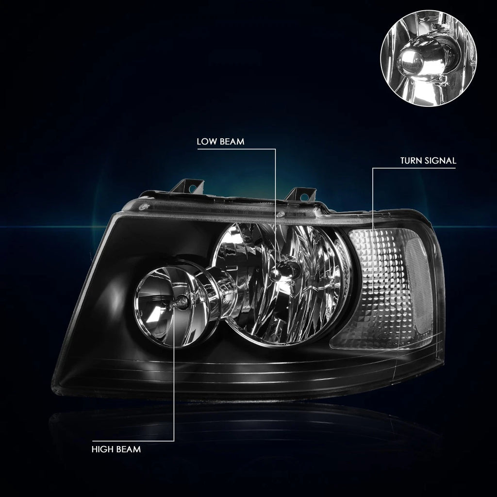 Headlight Pair for Ford Expedition (2003–2006) Black Housing Clear Side Lamps
