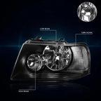Headlight Pair for Ford Expedition (2003–2006) Black Housing Clear Side Lamps