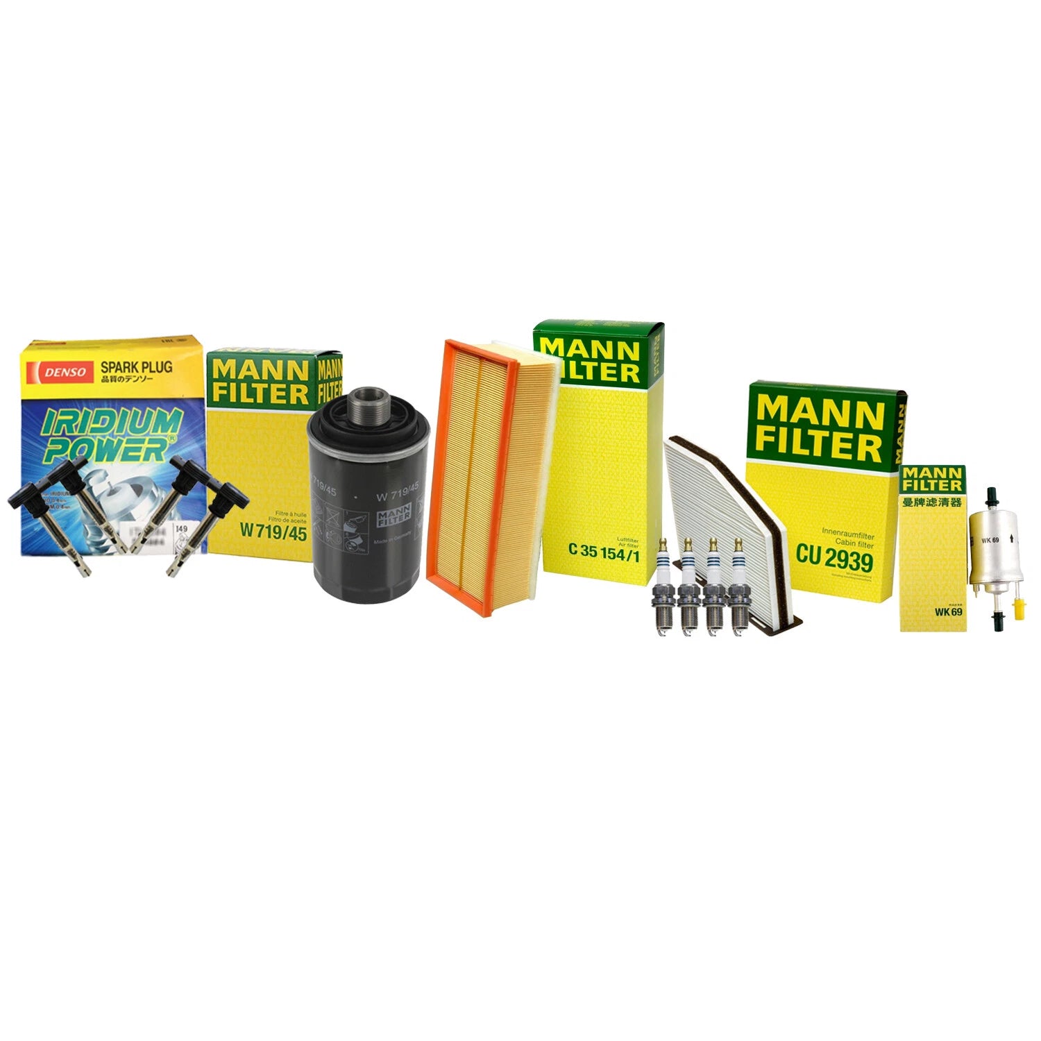 Set of 4 Mann Filters & 4 Denso Iridium Power Spark Plugs for Audi VW