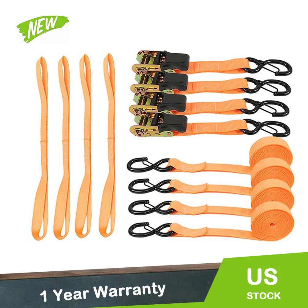 Set of 4 Ratchet Straps for Tie Downs (15 Ft, 2200 lb Break Strength)