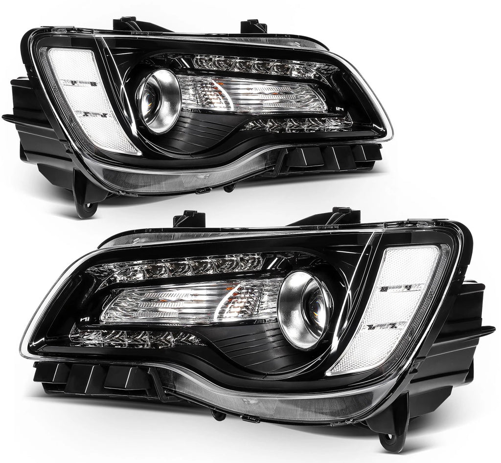 2X Headlights with Bulbs for Chrysler 300 (2015–2023) Black