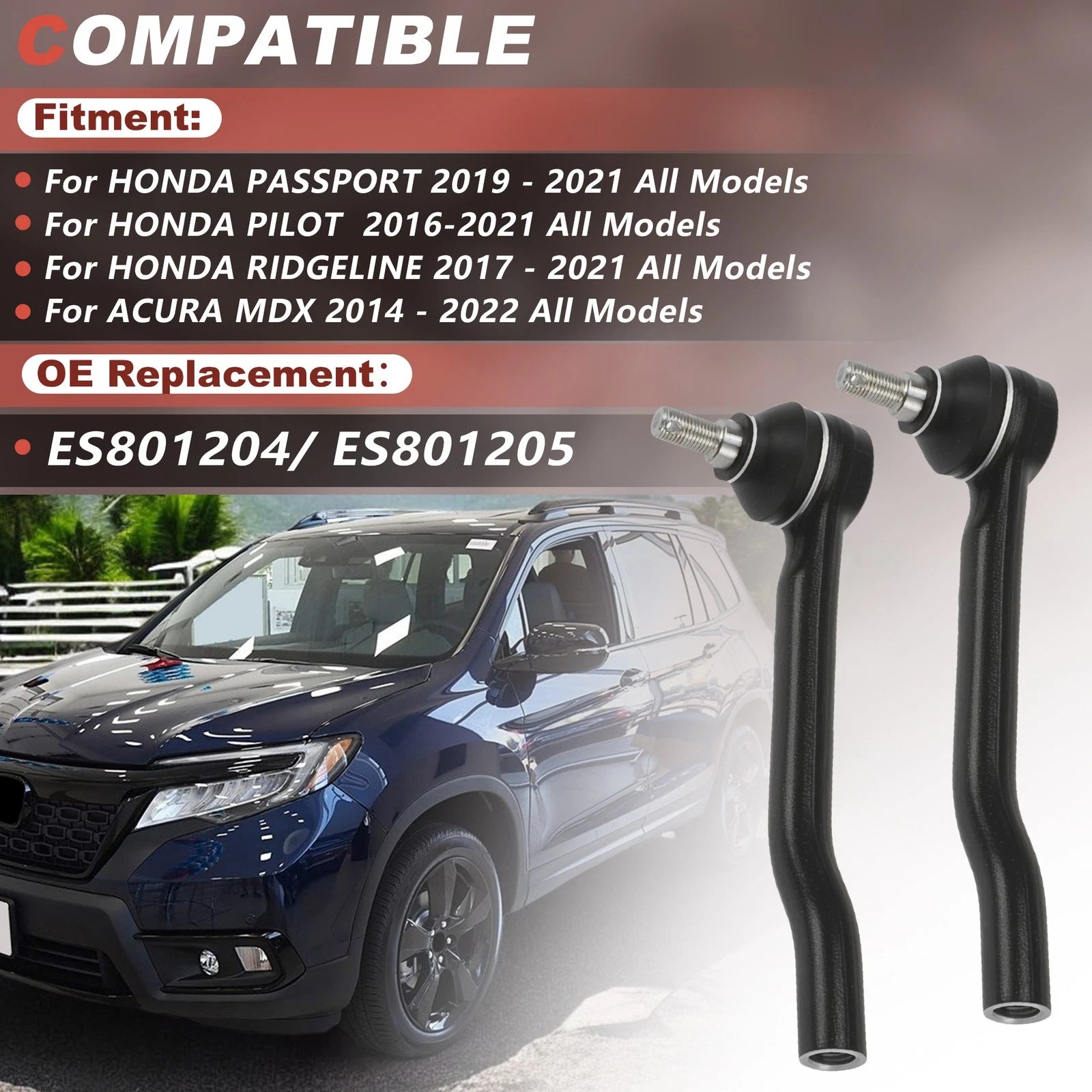 Set of 2 Outer Tie Rod Ends for Honda Passport Ridgeline Acura MDX