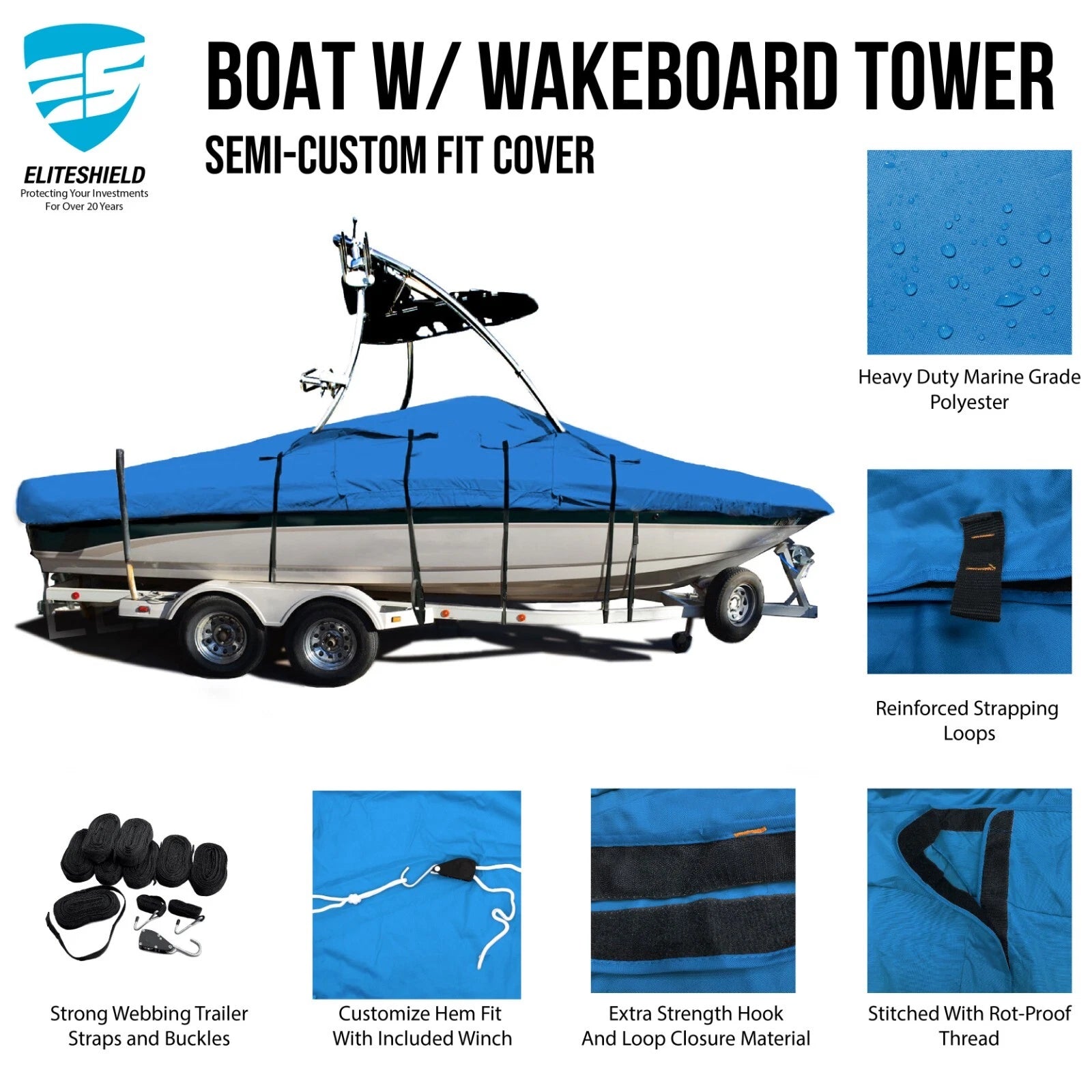 Deluxe V-Hull Boat Cover for Ski Wakeboard Tower (21')