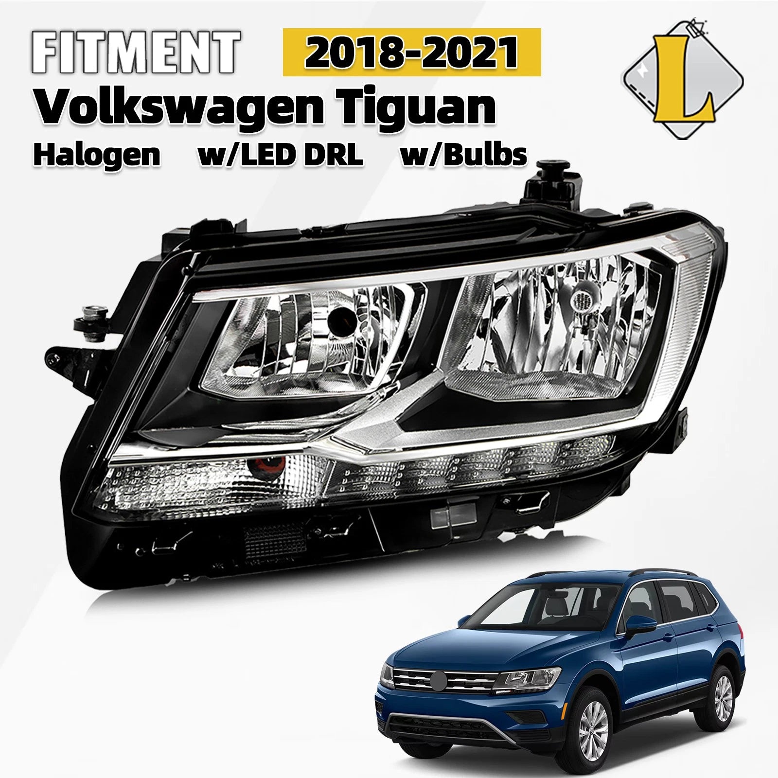 Halogen Headlight Driver Side for Volkswagen Tiguan (2018–2021) w/ LED DRL