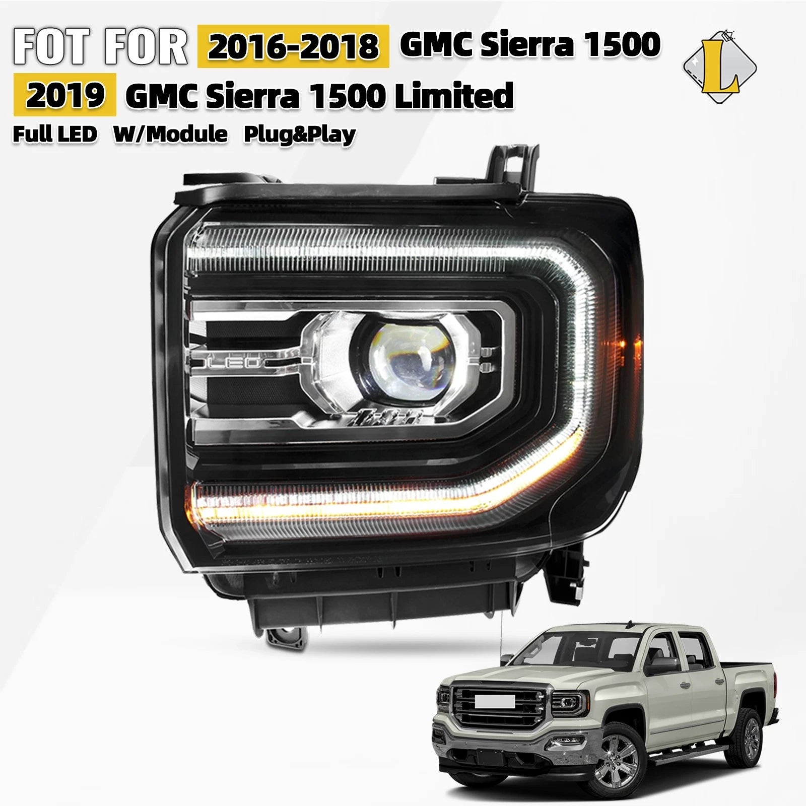 Full LED Projector Headlight Left Driver Side for GMC Sierra 1500 (2016–2018)