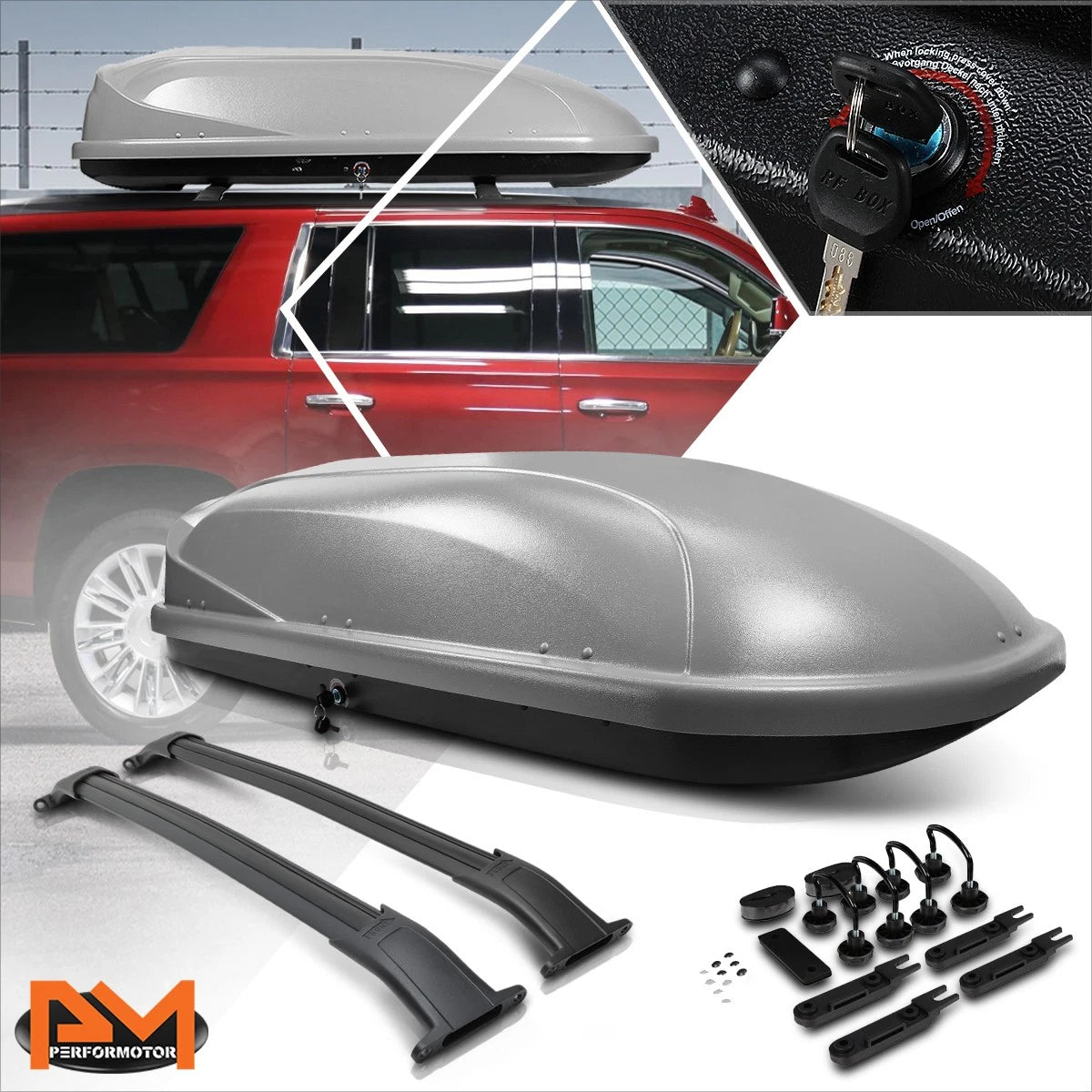Aluminum Cross Bar Roof Rack with Grey Cargo Box & Keys for Escalade/Yukon/Tahoe (2015–2018)