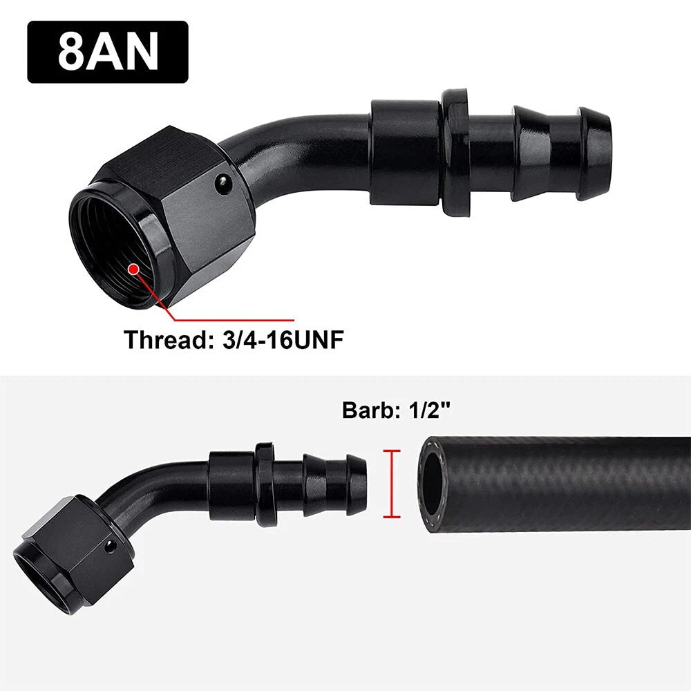 8AN Push Lock Hose Fitting End 45° for Fuel Line (2 Pack) (Black)