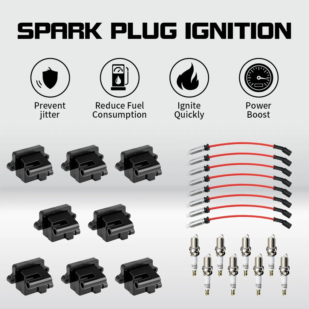 8X Ignition Coil + Spark Plug + Wires for Chevy GMC 4.8L 5.3L 6.0L 8.1L
