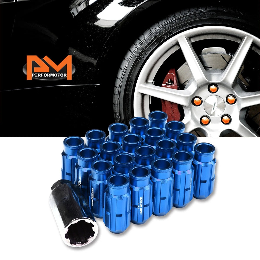 20Pc M12X1.25 Blue JDM Open End Bulge Spline Wheel Lug Nuts + Lock Key