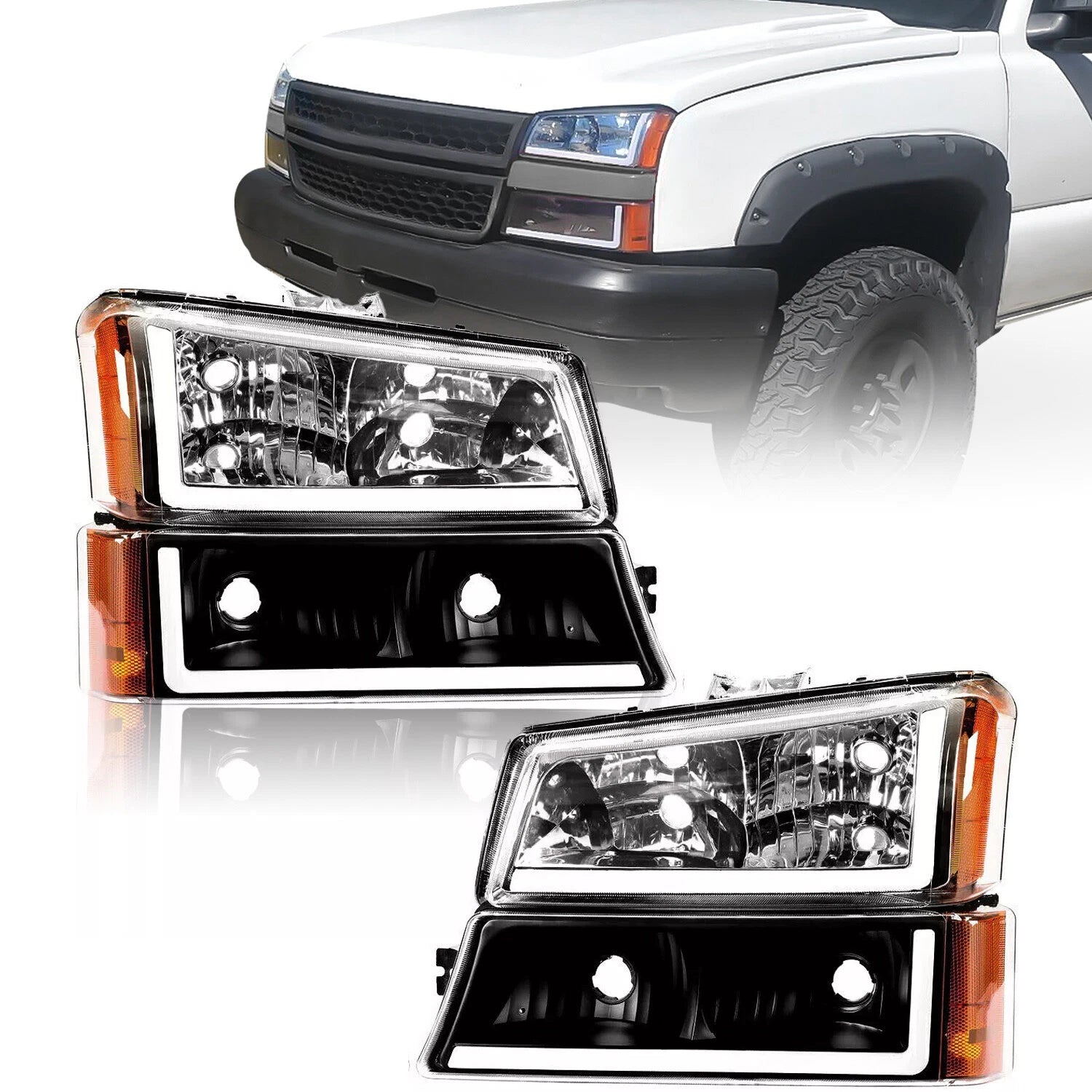 Clear Headlights Bumper Lamps with LED DRL for Chevy Silverado Avalanche (2003–2007)