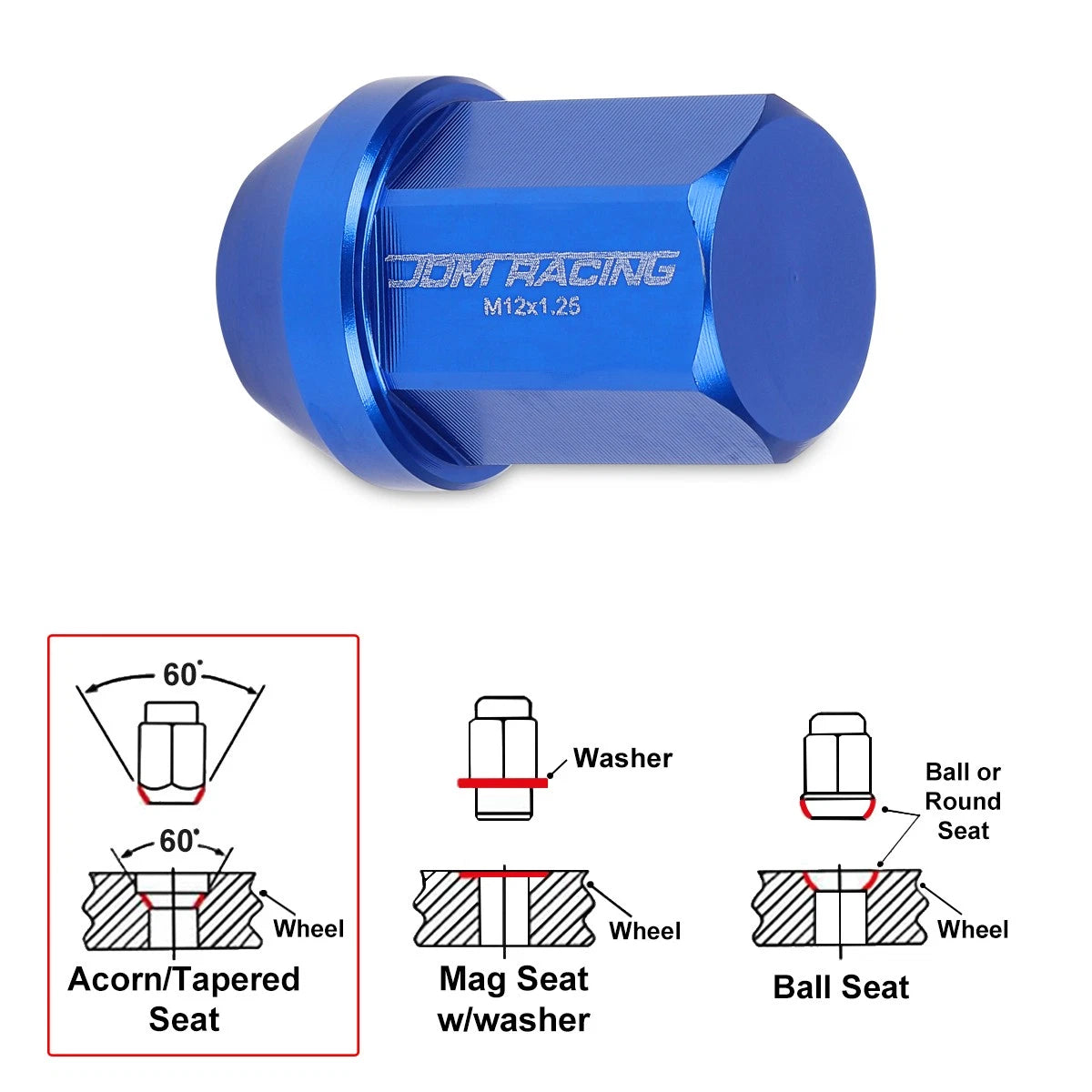 20Pc M12X1.25 Blue JDM Closed End Acorn Hex Wheel Lug Nuts + Extension 25mmx35mm