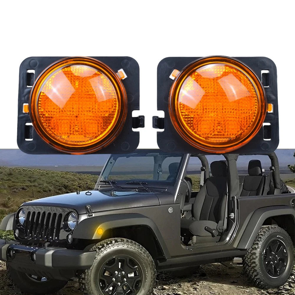 Pair Front Fender LED Side Marker Light Amber Lens for Jeep Wrangler JK (2007–2018)
