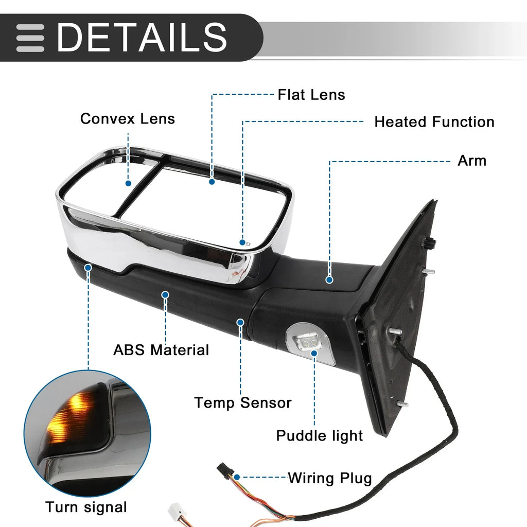 Tow Mirrors for Dodge Ram 1500 with Turn Signal Light Silver Tone 2 x  (2009-2018)
