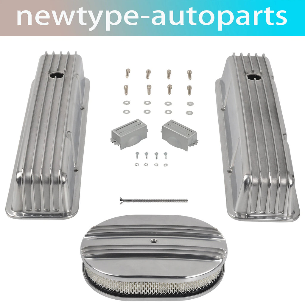 Set of 2 Tall Finned Valve Covers & 12" Oval Air Cleaner for SBC Chevy (1958–1986)