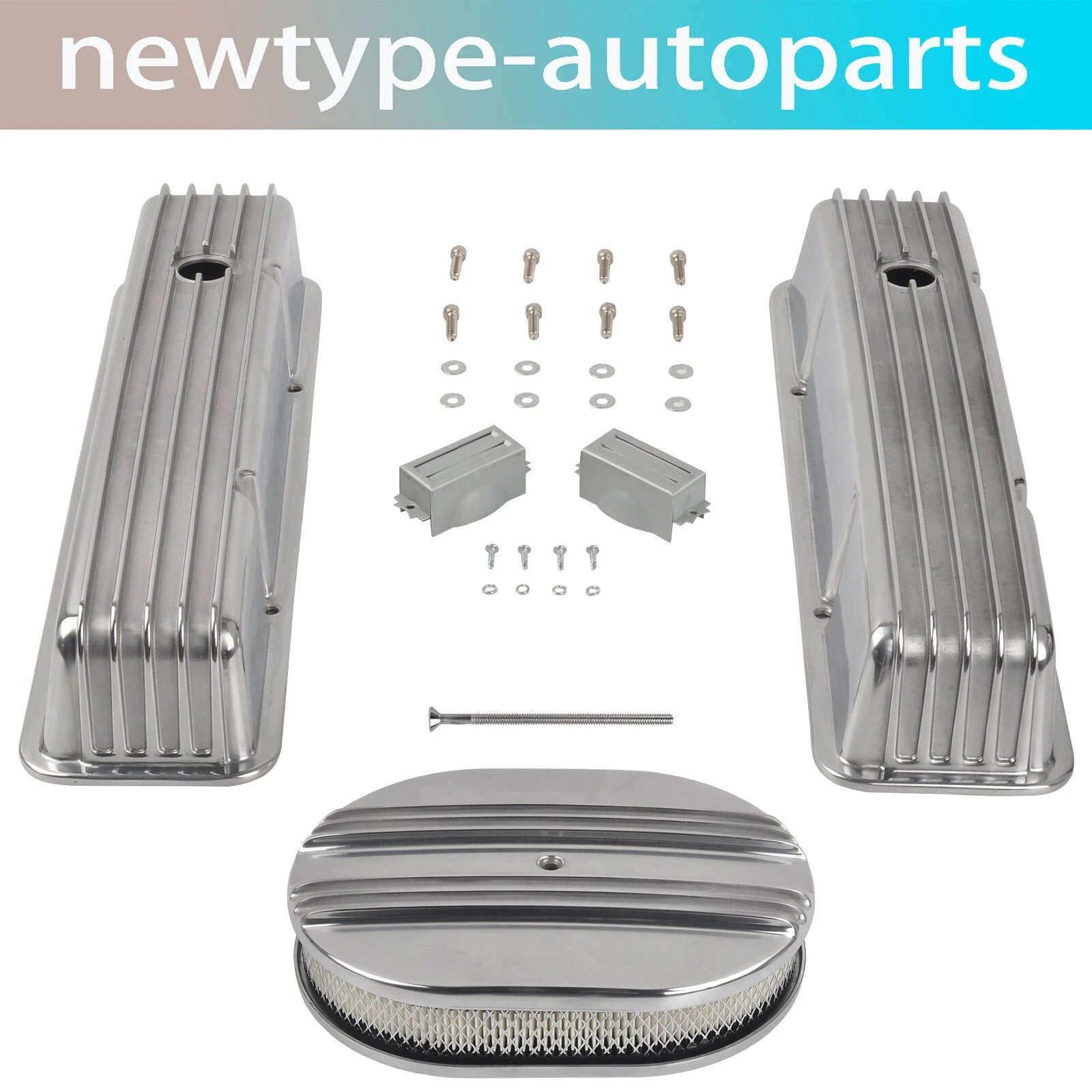Set of 2 Tall Finned Valve Covers & 12" Oval Air Cleaner for SBC Chevy (1958–1986)