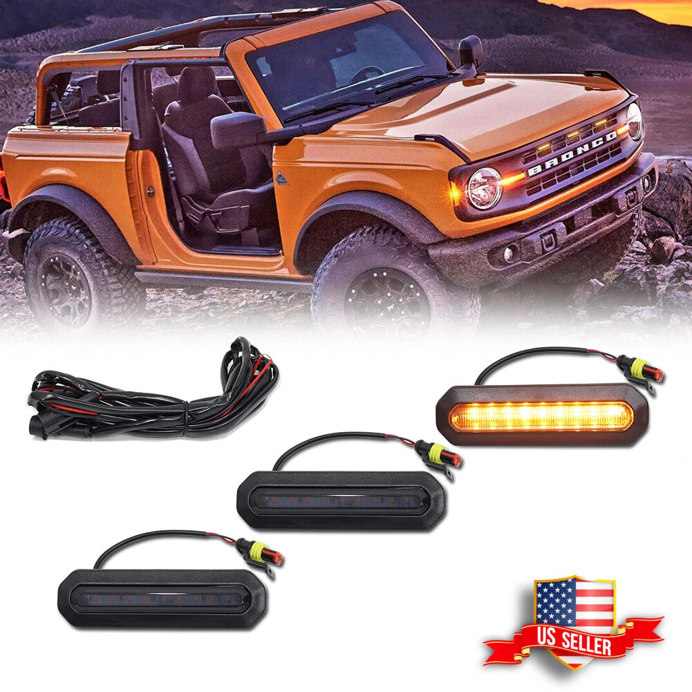 3X Smoked Amber LED Front Grille Lights for Ford Bronco (2021–2023)