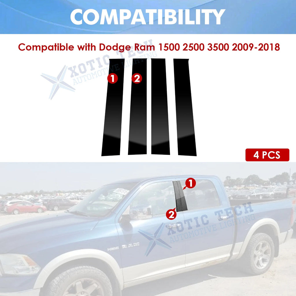 Piano Black Window Pillar Posts Door Trim Cover Kit for Dodge Ram 1500 (2009-2018)