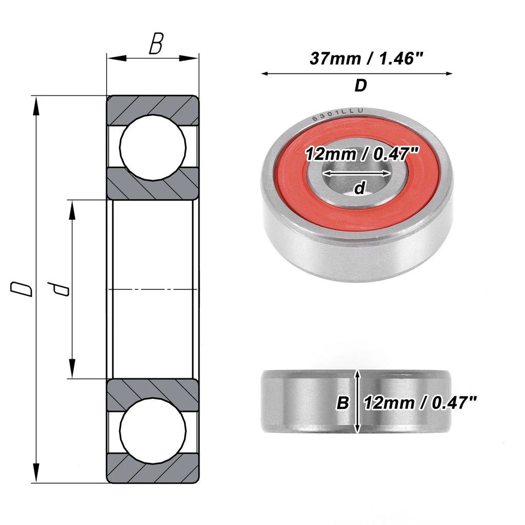6301LLU Deep Groove Ball Bearing for Scooter Skateboard Wheel (12x37x12mm)