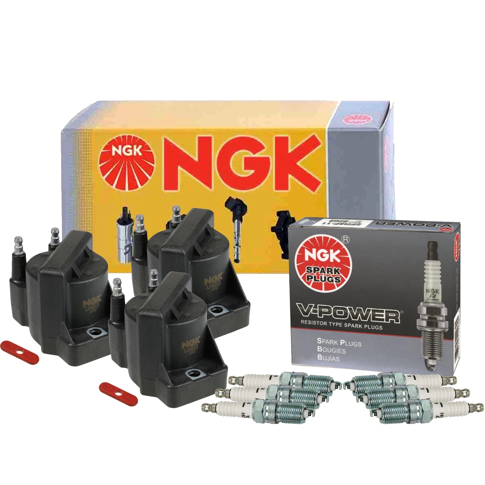 Set of 3 NGK Ignition Coils & V-Power Spark Plugs for Buick Chevy Oldsmobile Pontiac