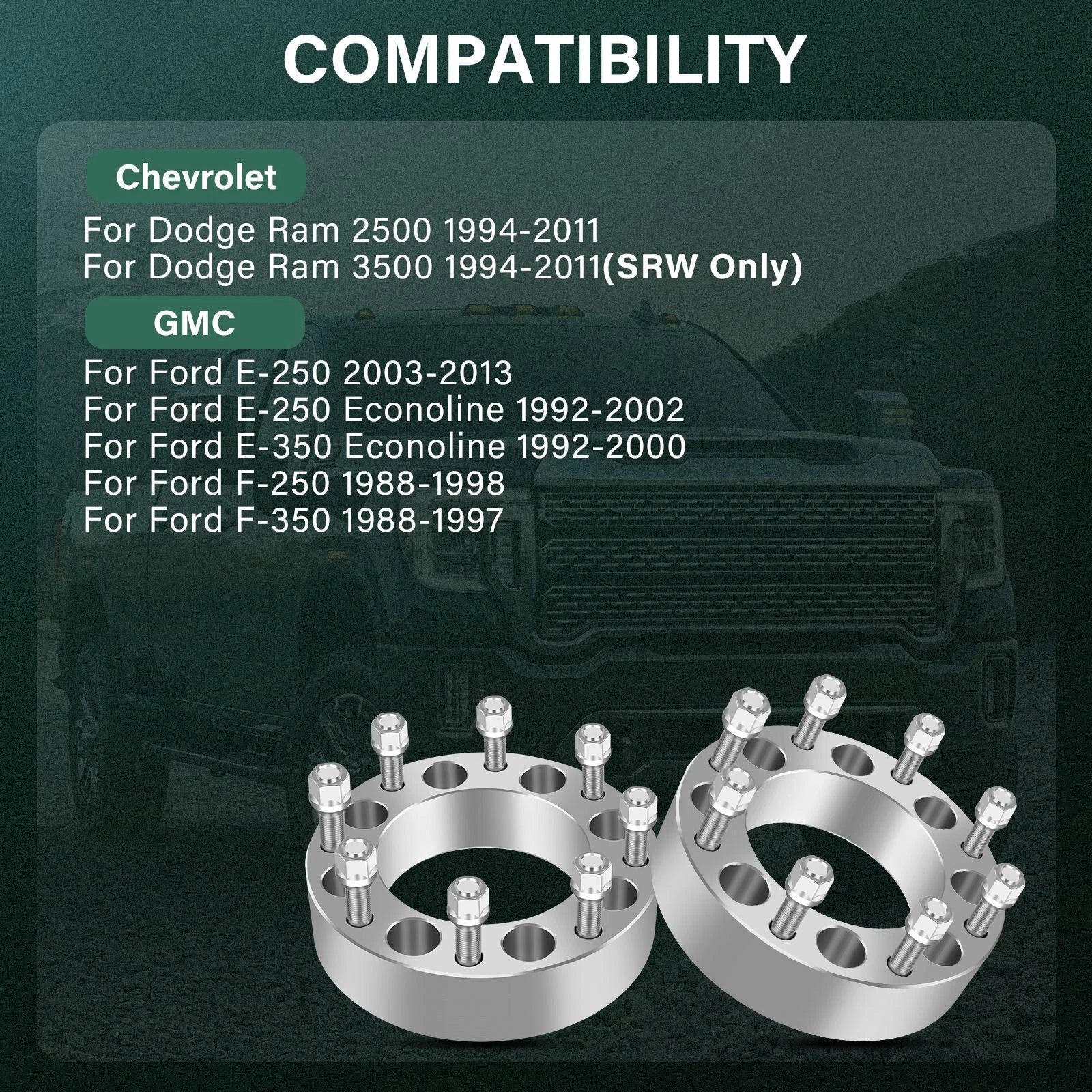 2Pcs 2" Wheel Spacers 8x6.5 9/16" Studs for Dodge Ram 2500 3500 (1994–2010)