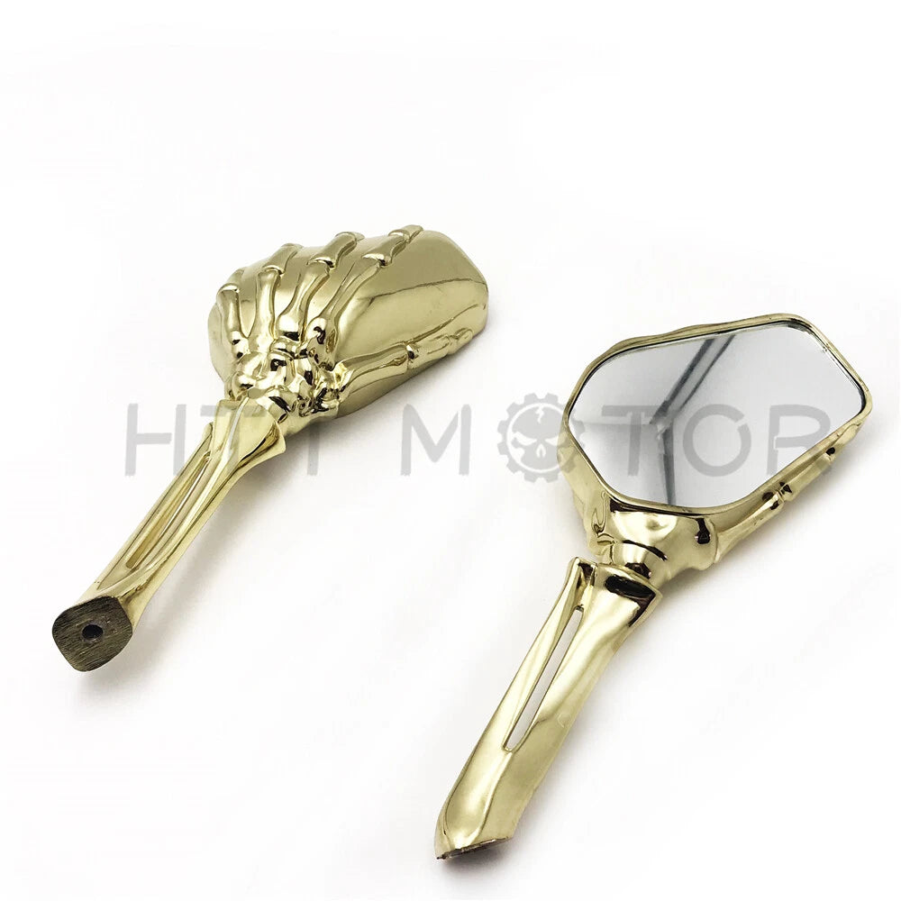 Gold Skull Skeleton Mirrors for Harley Dyna, Softail, Sportster, Touring (8mm, 10mm)