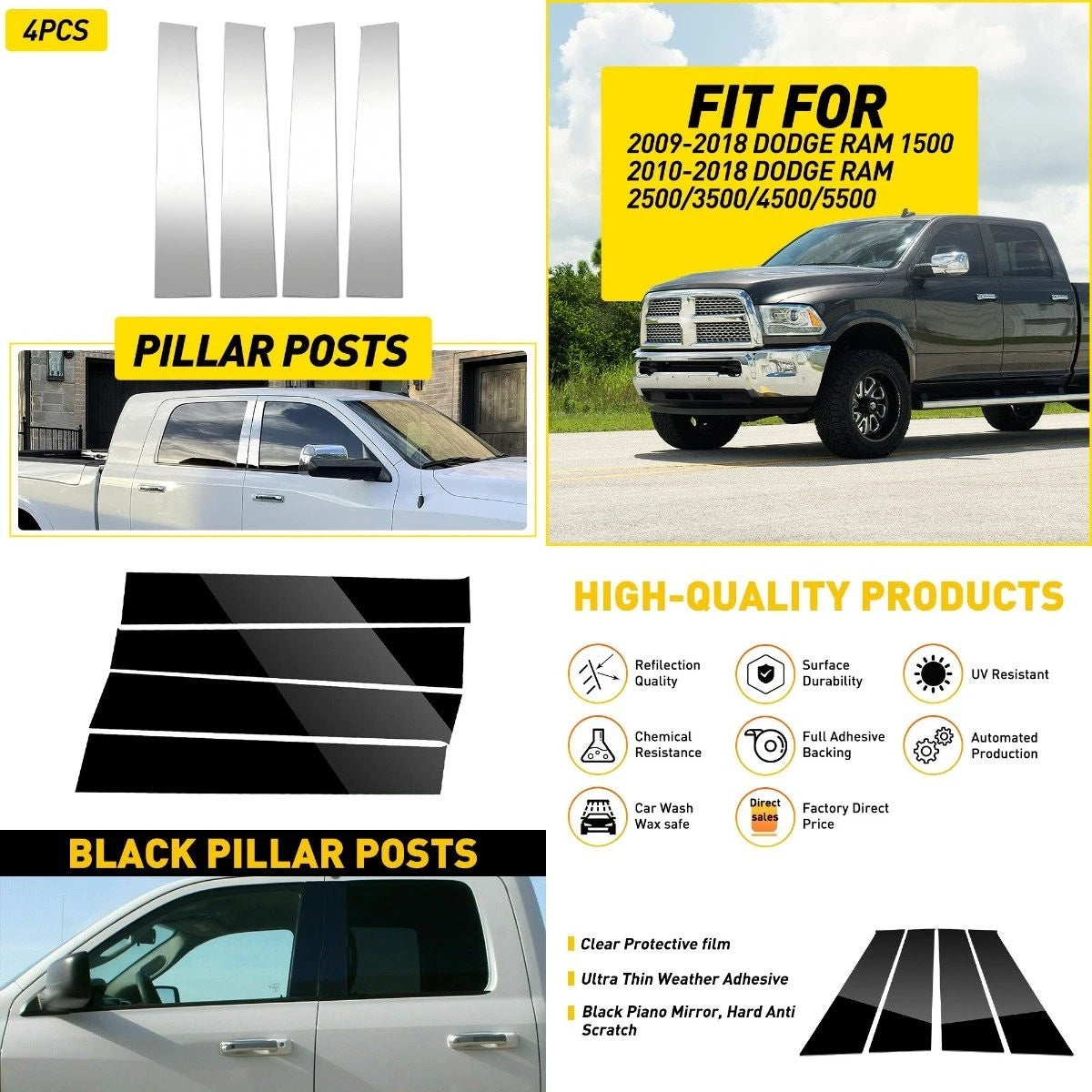 Door Pillar Black Piano Posts for Dodge Ram 1500 (2009–2018) Crew/Quad/Extended