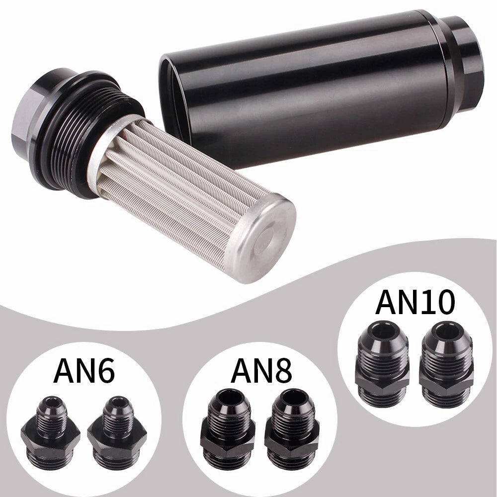High Flow Inline Fuel Filter 100 Micron Cleanable 6AN/8AN/10AN Adapter