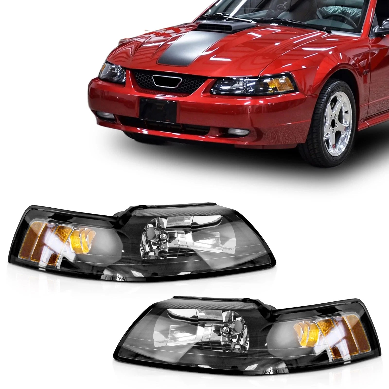 Set of 2 Black Headlights for Ford Mustang (1999–2004)