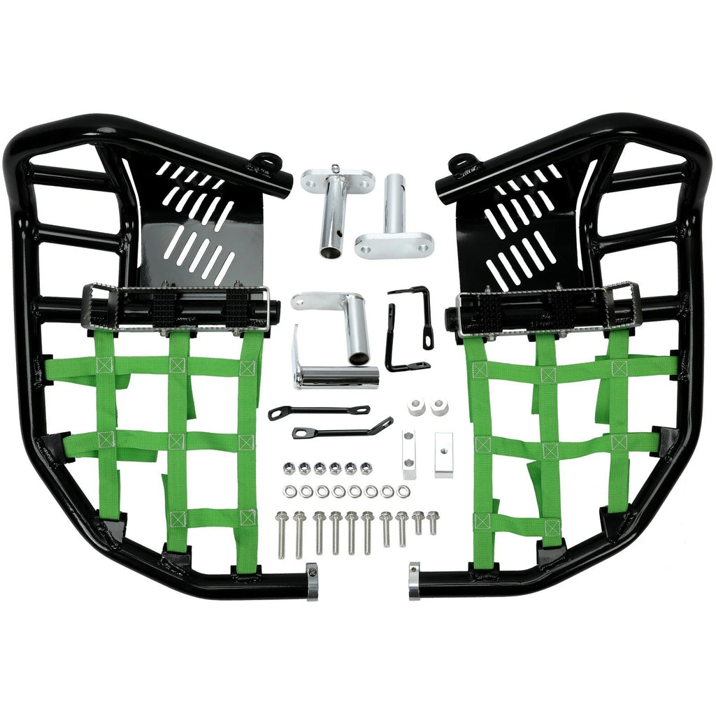 Nerf Bars for Kawasaki KFX450R (2008–2015) Pro Peg Heel Guard Black Green Net