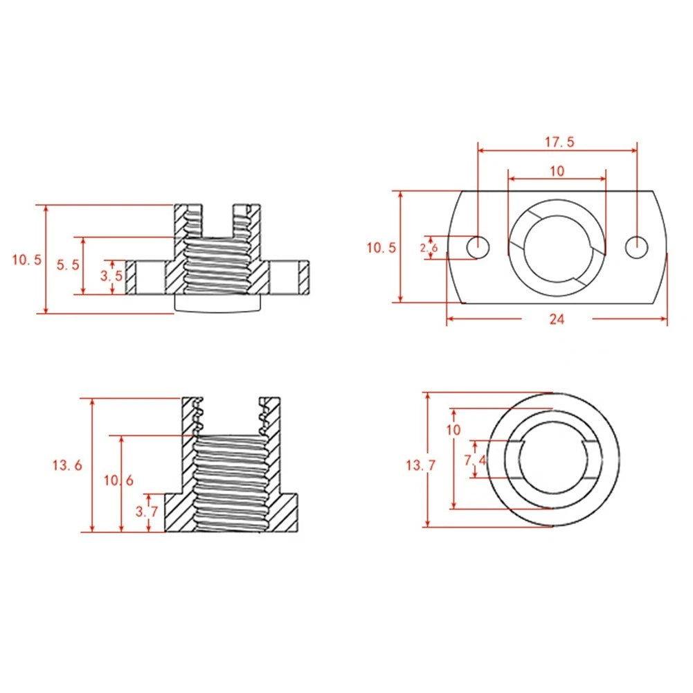 Anti-backlash Nut T8 Brass for 2mm Pitch 8mm Diameter (2/8mm)
