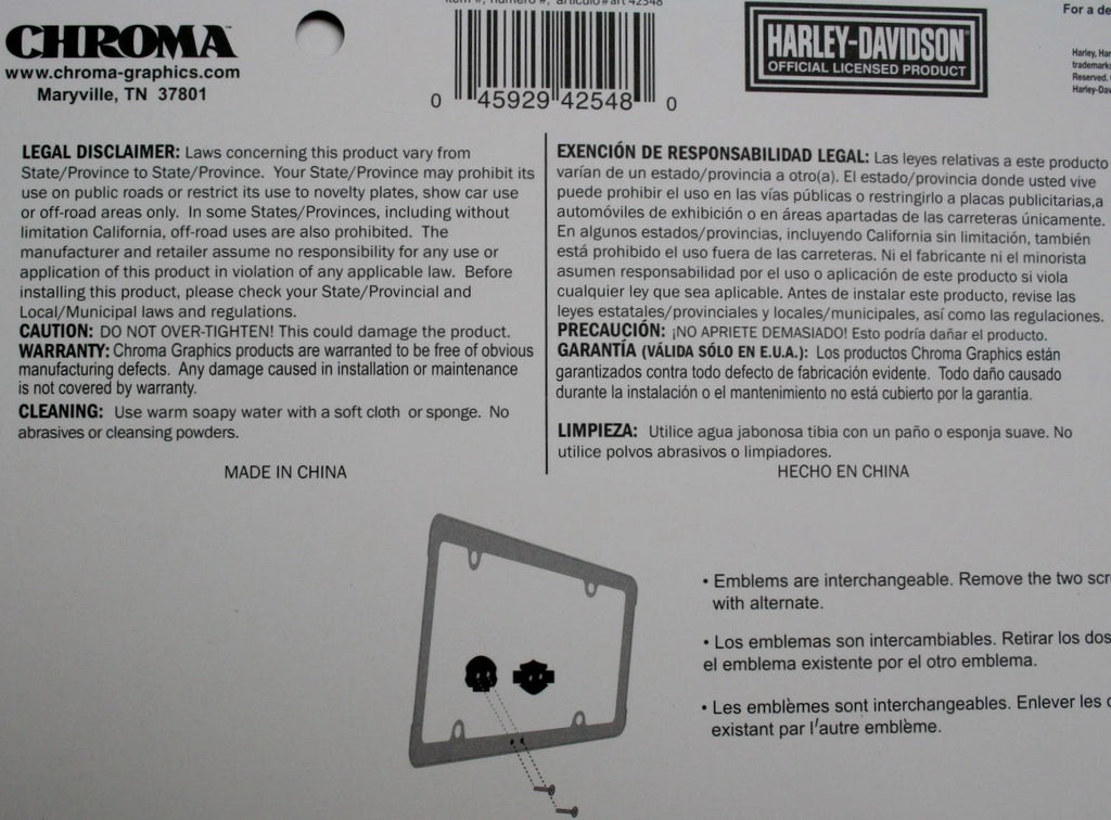 License Plate Frame for Harley Davidson (Interchangeable Skull/Bar & Shield)