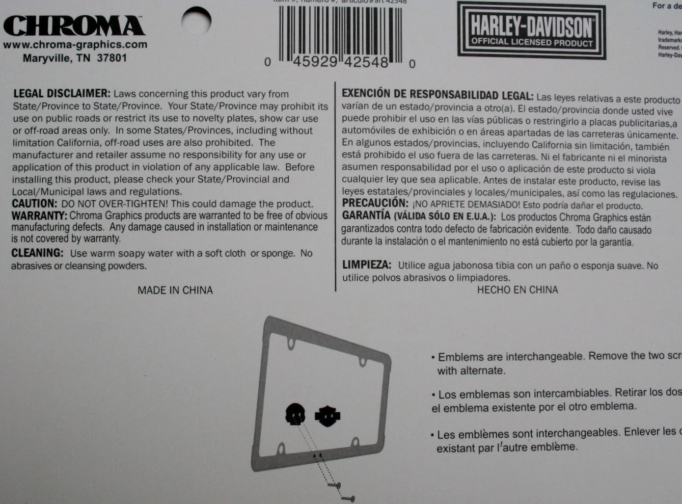 License Plate Frame for Harley Davidson (Interchangeable Skull/Bar & Shield)