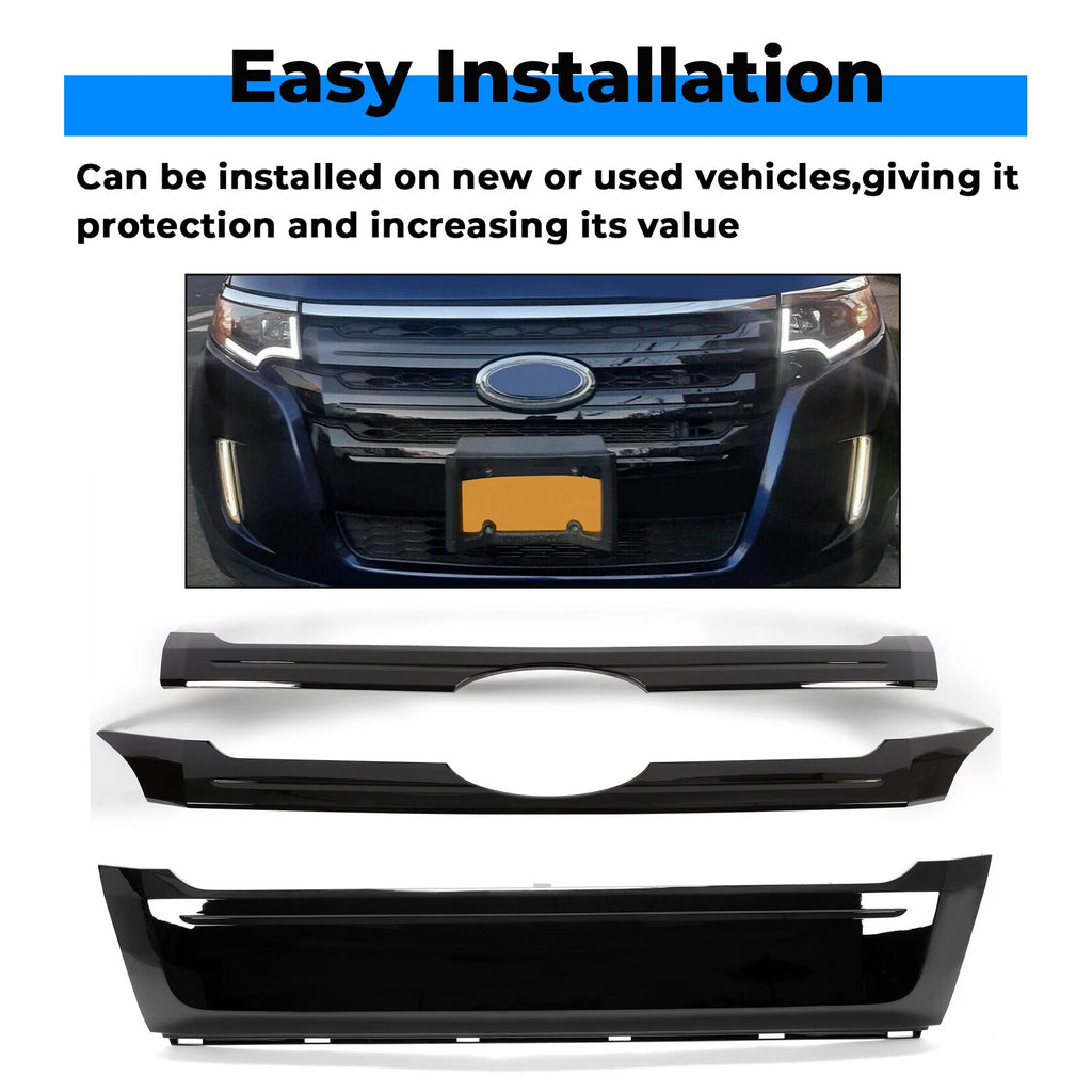 3PCS Glossy Black ABS Front Bumper Grille Trim for Ford Edge (2011–2014)