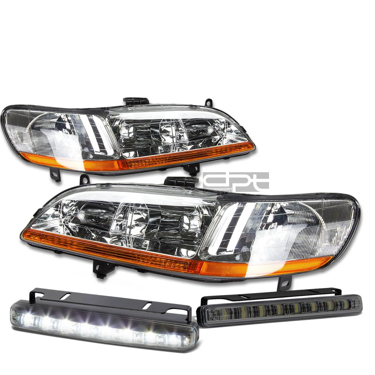 Chrome Housing Headlight + Amber Corner + Smoked LED Fog Light Kit for Honda Accord (1998–2002)