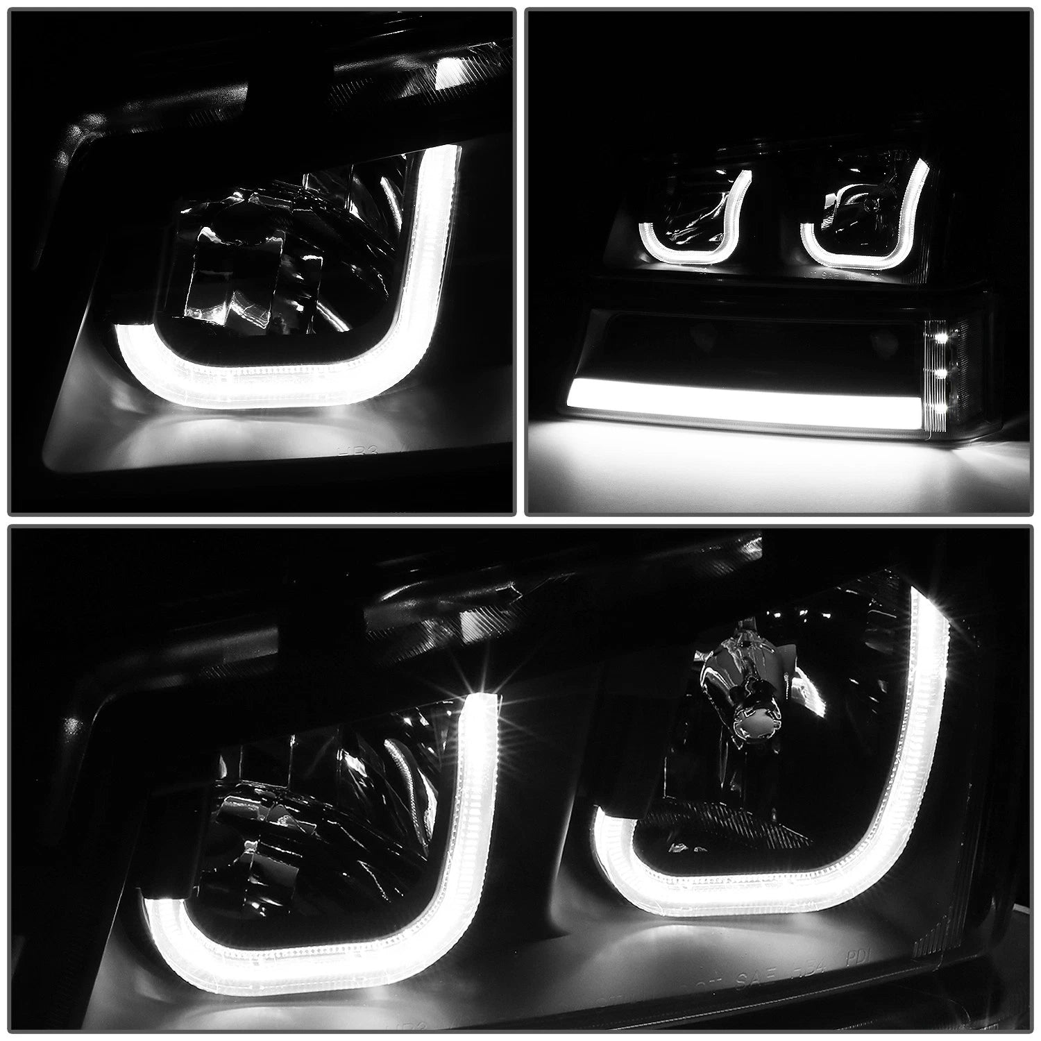 Pair of J-Halo LED DRL Black/Clear Headlights for Chevy Silverado (2003–2007)