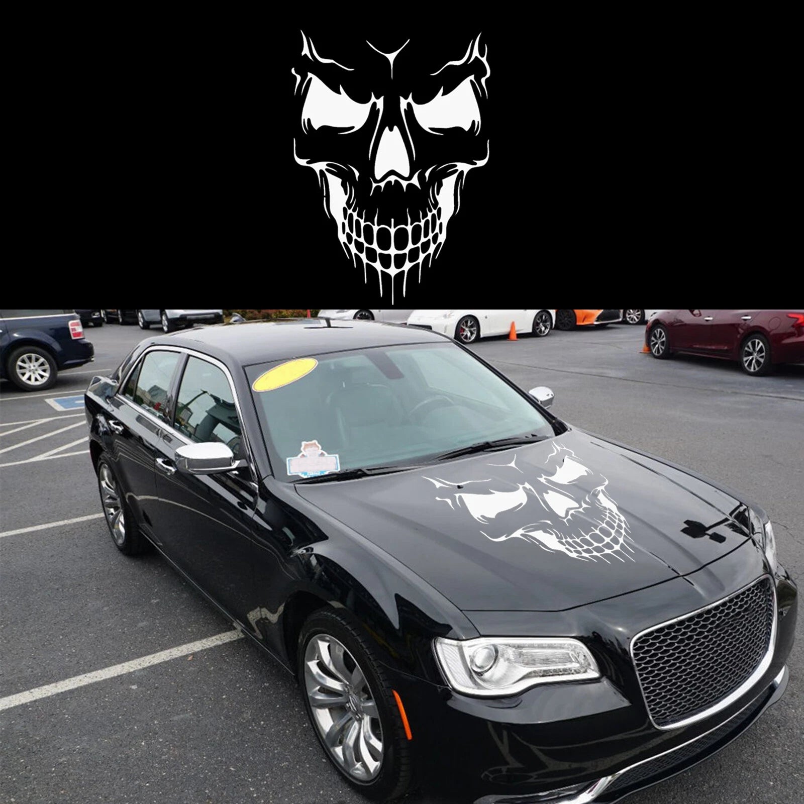 White Skull Hood Graphic Decal Sticker for Vehicle (Universal 1990–2020)