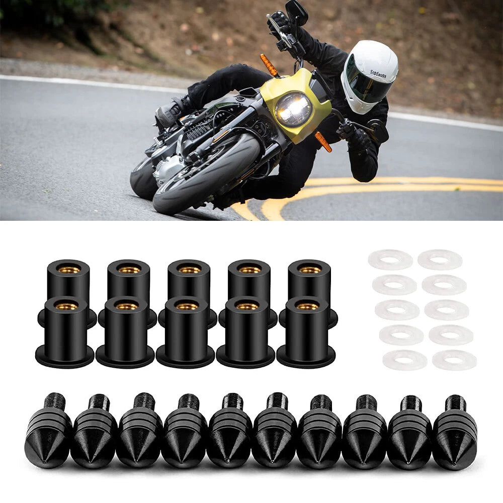 Set of 10 Black Spike Billet Aluminum Motorcycle License Plate Bolts