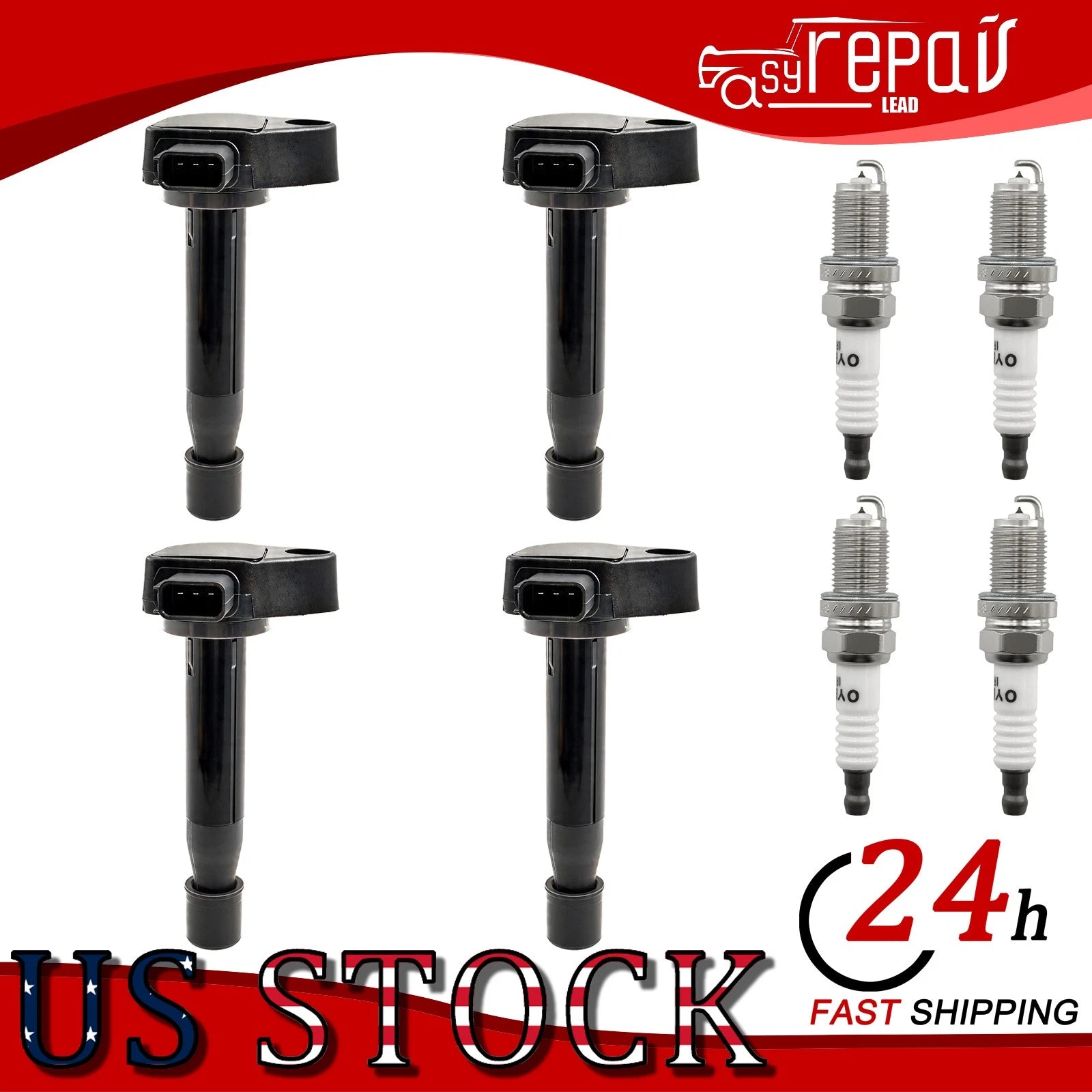 Set of 4 Ignition Coils & Spark Plugs for Honda Civic 2001 (1.7L L4 CNG)