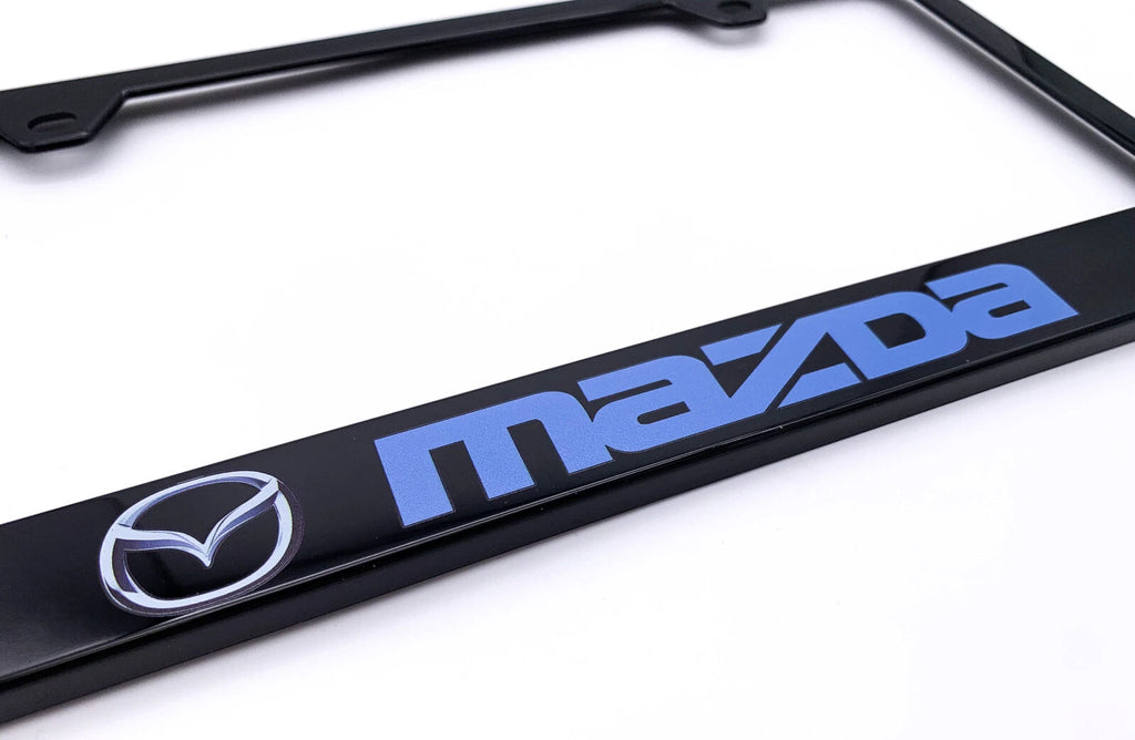 License Plate Frame Black Plastic with Blue Mazda Script for Mazda (2000–2024)