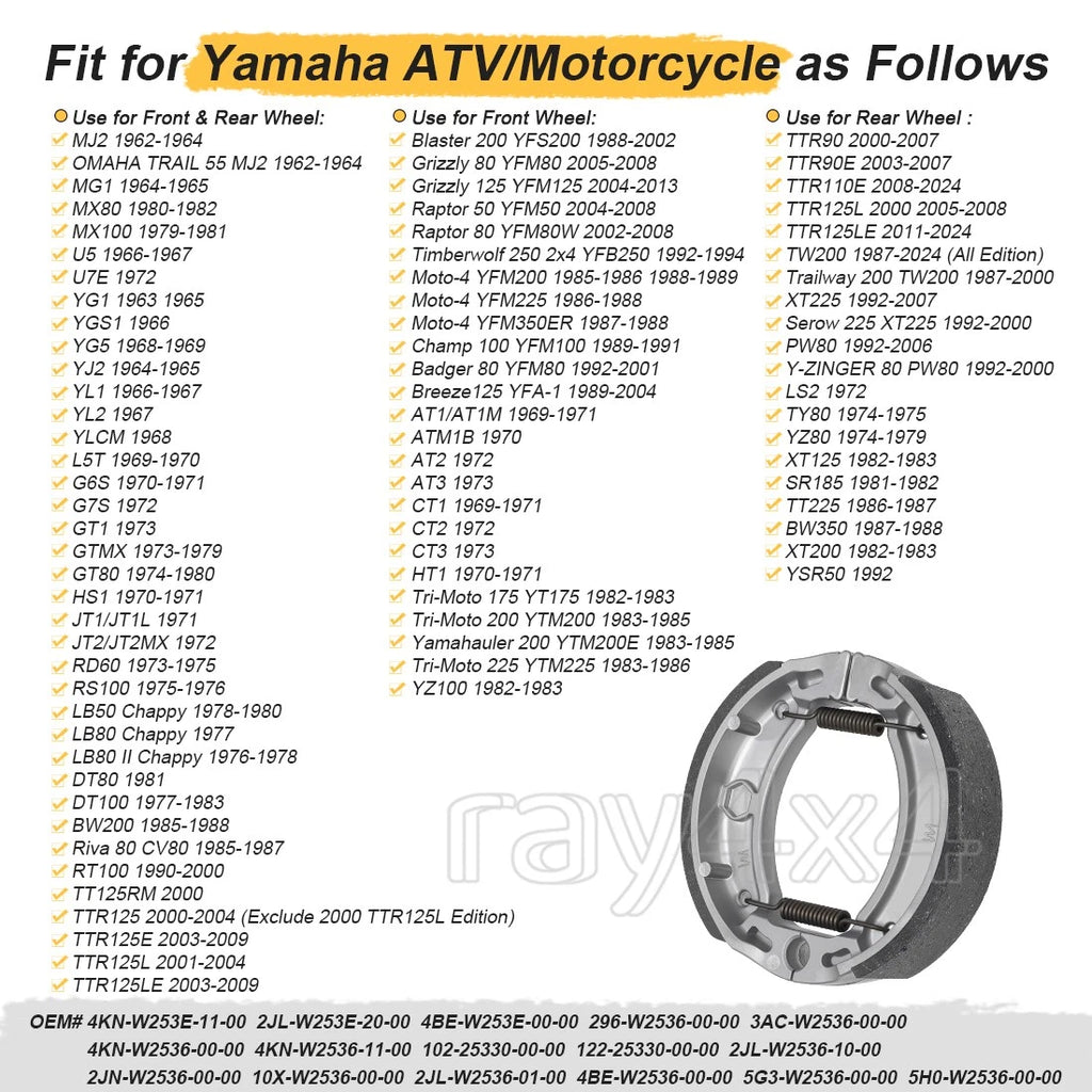 Brake Shoes & Spring for Yamaha (4KN-W253E-11-00, 4BE-W253E-00-00, 2JL-W253E-20-00)