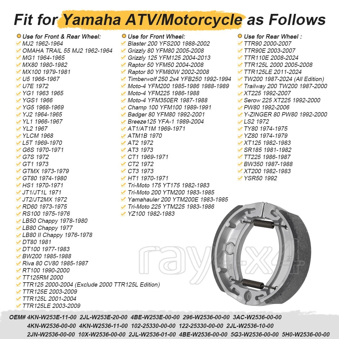 Brake Shoes & Spring for Yamaha (4KN-W253E-11-00, 4BE-W253E-00-00, 2JL-W253E-20-00)