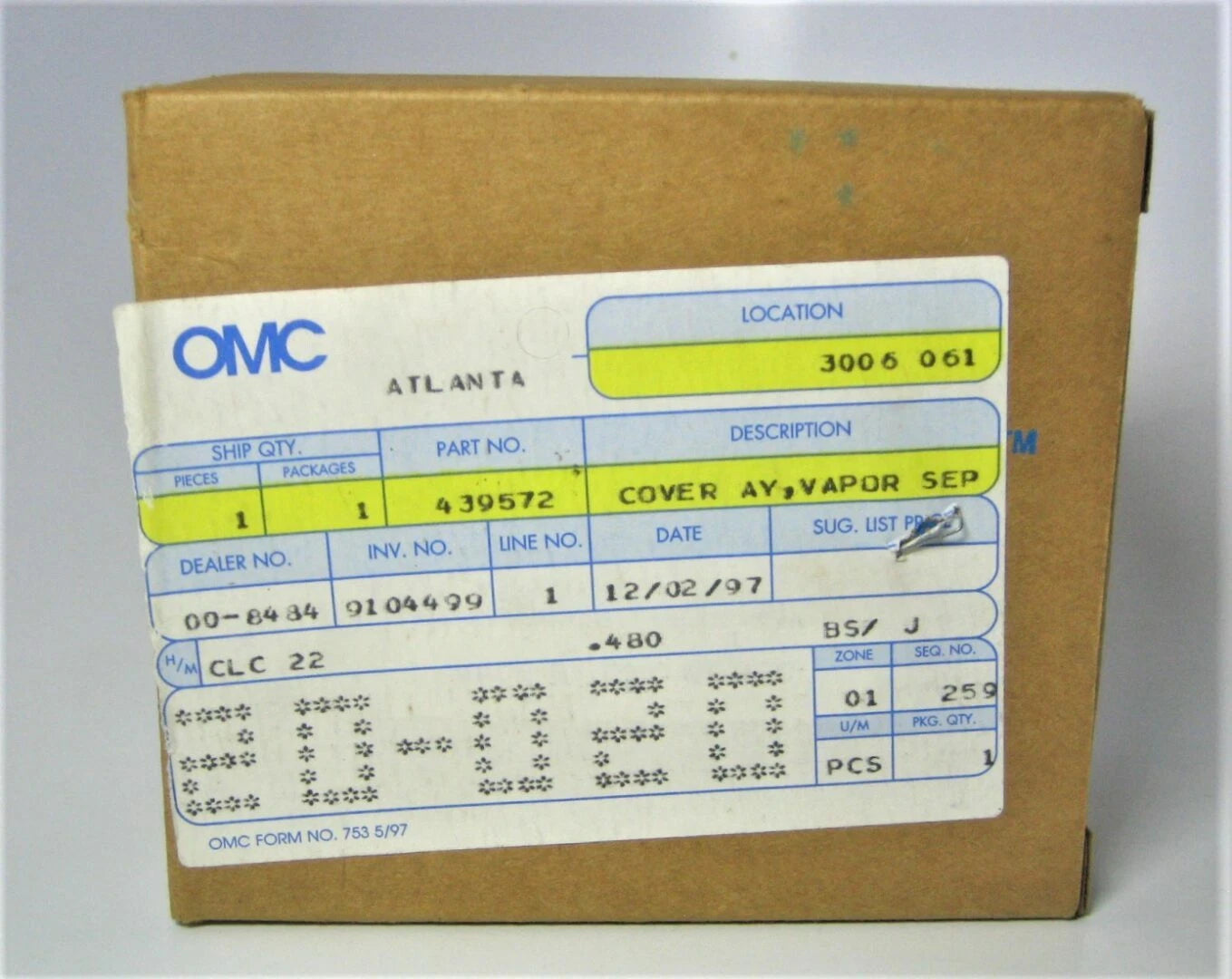Fuel Vapor Separator Cover for OMC 150/175HP Outboard (OEM 439572)