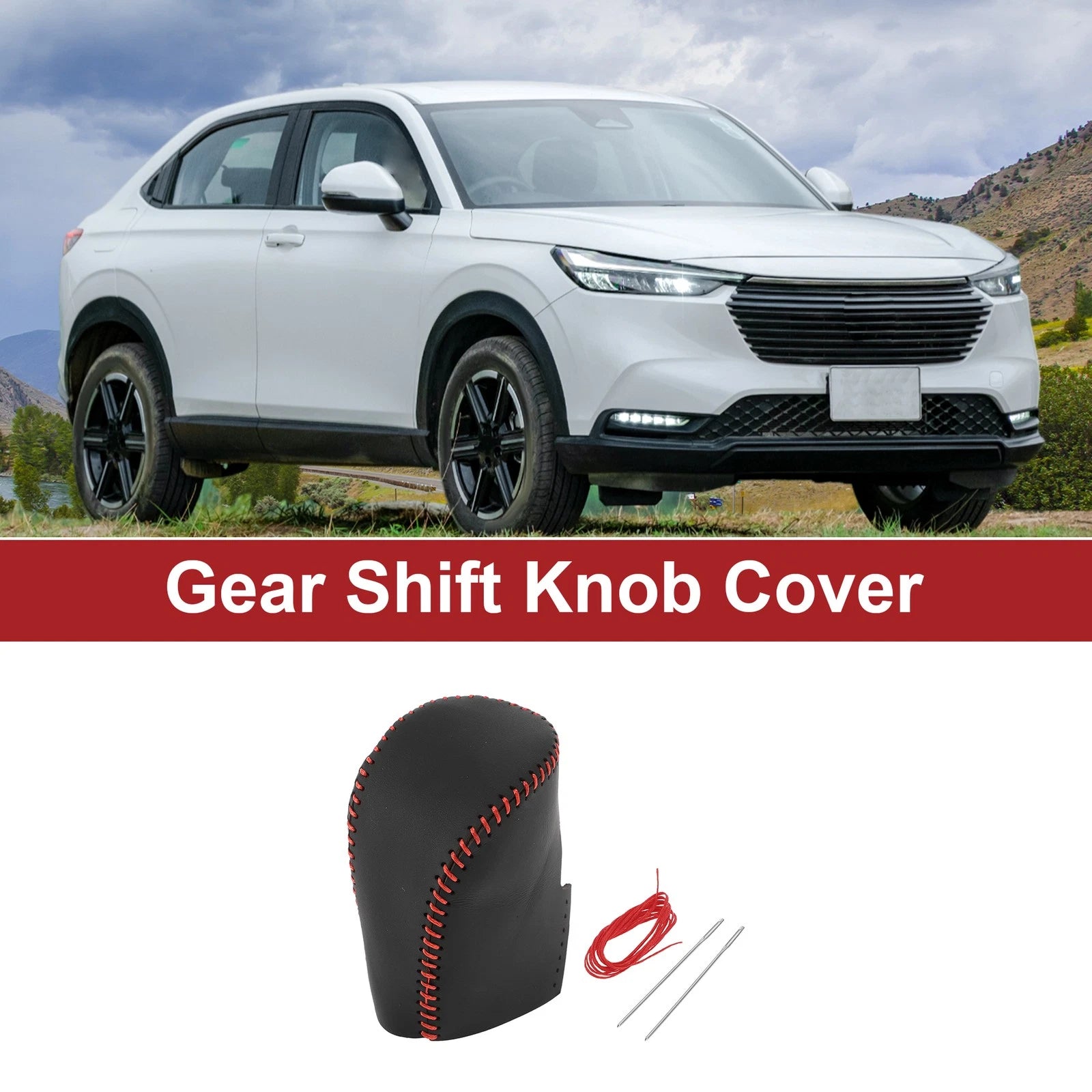1 Pc Gear Shift Knob Cover for Honda HR-V (2023–2024) Black Red Faux Leather