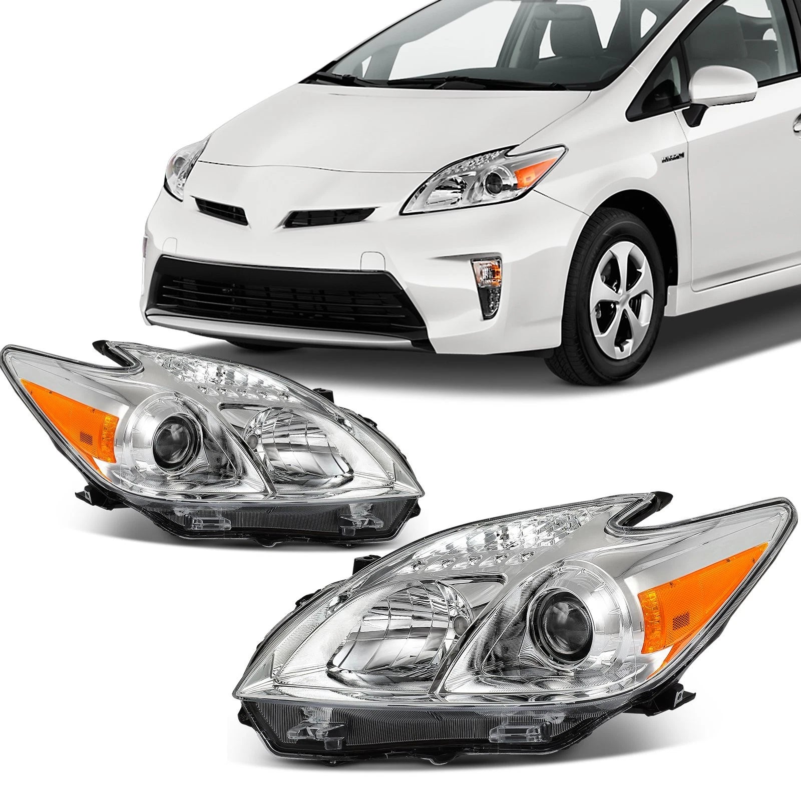 Headlight Assembly Pair for Toyota Prius Base (2010–2011) 1.8L Projector Chrome