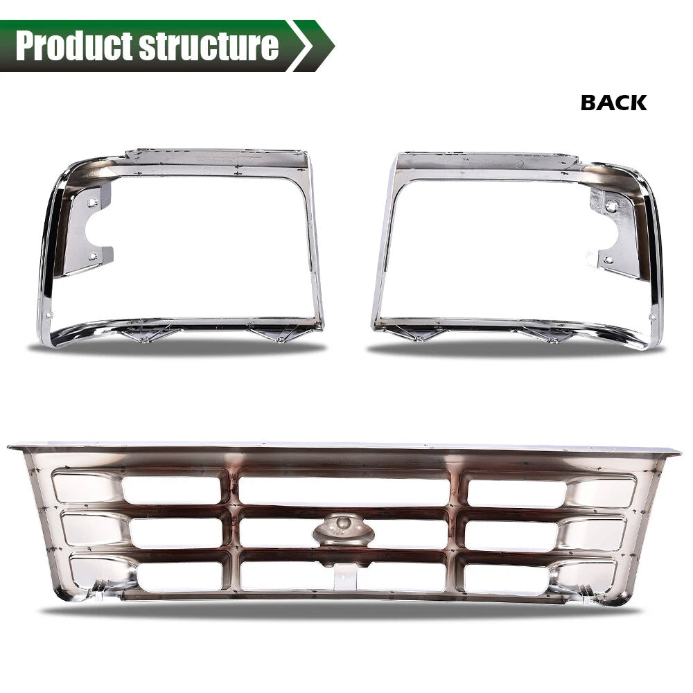 Chrome Front Grille and Headlight Trim Bezel Set for Ford Bronco F150 (1992–1996)