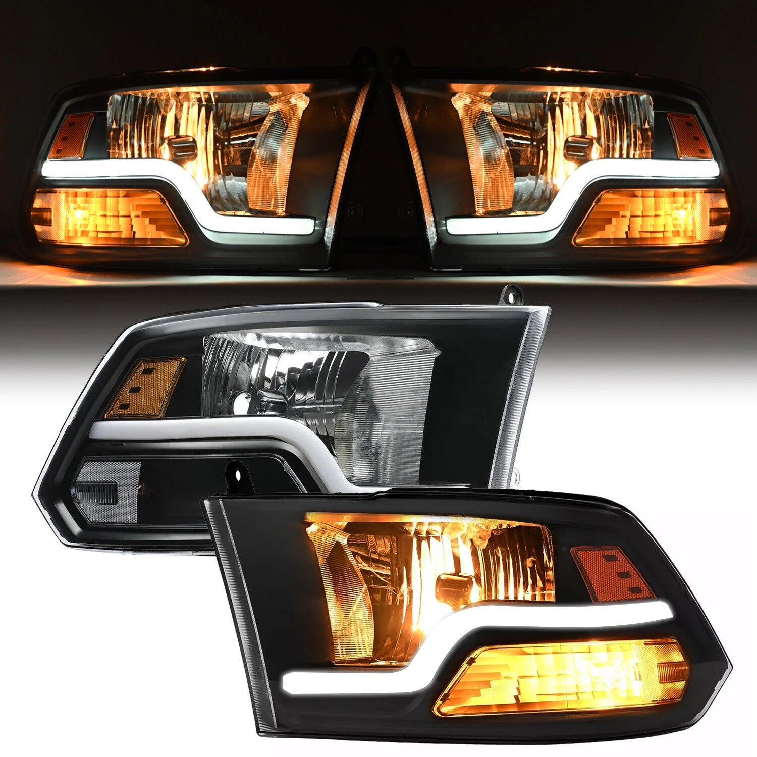 Pair of Headlights for Dodge Ram 1500 2500 3500 (2009–2018) Black Sequential LED DRL