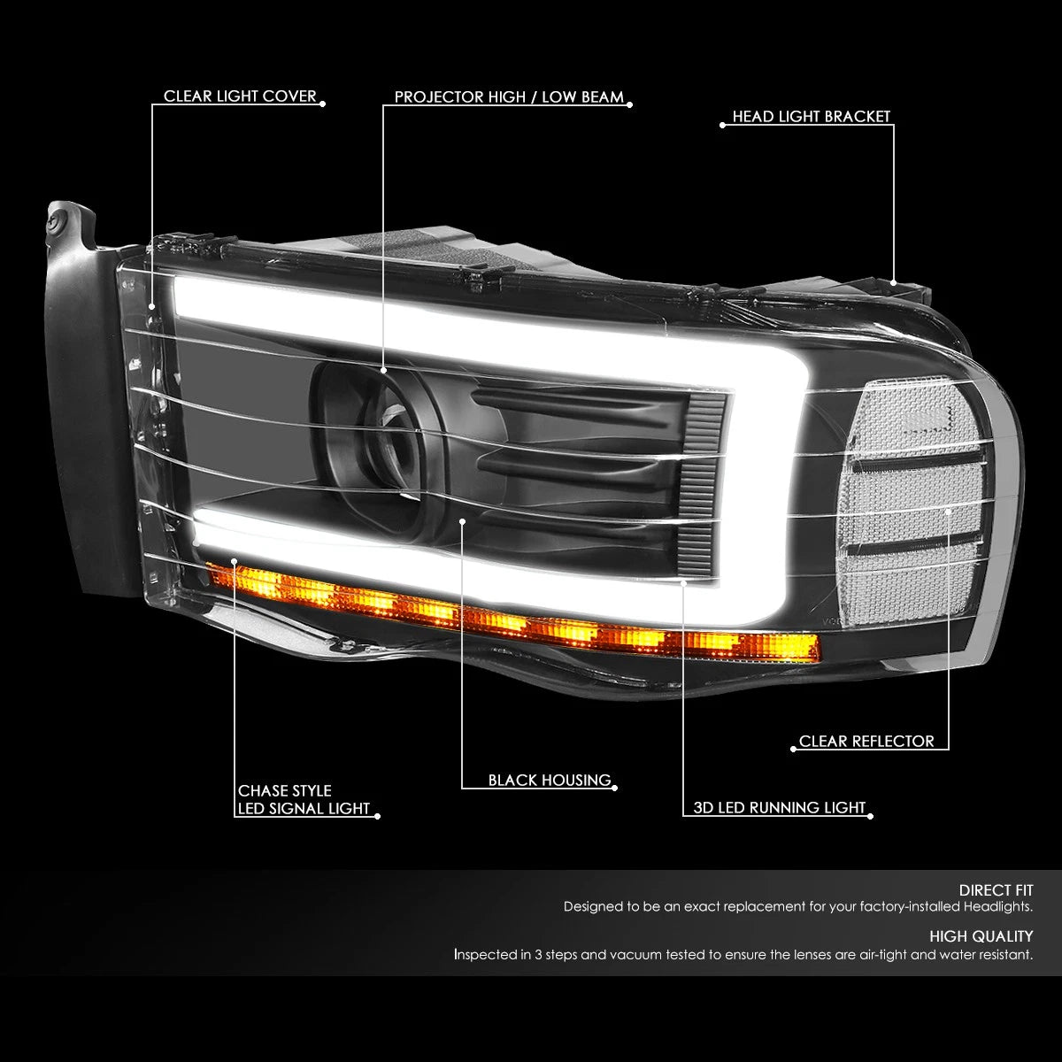 LED DRL Sequential Turn Signal Projector Headlight for Dodge Ram (2002–2005)